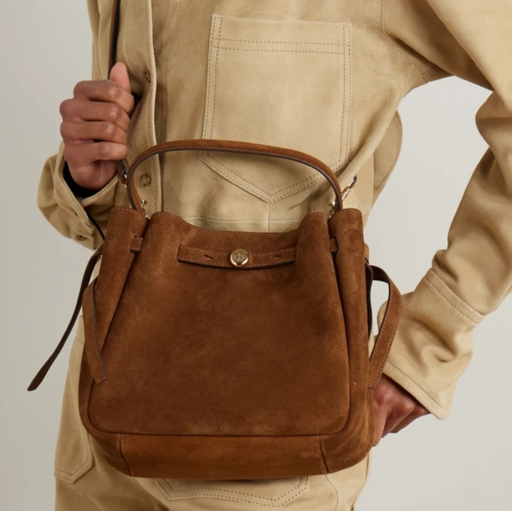 Tory Burch Leather Purse Brown Genuine Suede Bucket Crossbody Bag - Picture 4 of 11
